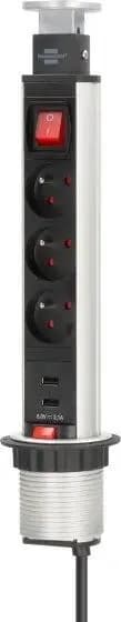 Brennenstuhl Multiprise TOWER POWER encastrable, 3 prises + 2 prises USB, avec interrupteur et 2m de câble H05VV-F 3G1,5