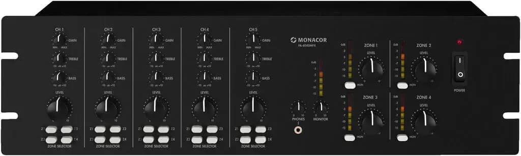 PA-4040MPX / MPX-4PA Table de mixage 4 zones pour applications universelles multi-pieces.4 zones avec possibilite de routage au choix de tous les canaux d'entree3 entrees micro / ligne par prises combo2 entrees ligne stereo par prises RCA