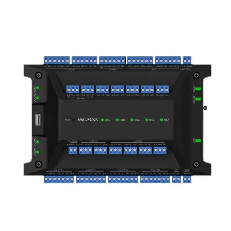 Hikvision DS-K2704X(P) Contrôleur d'accès Prend en charge le contrôle de 4 portes. Il peut gérer jusqu'à 62 modules d'accès DS-K2M002X et contrôler jusqu'à 128 portes.