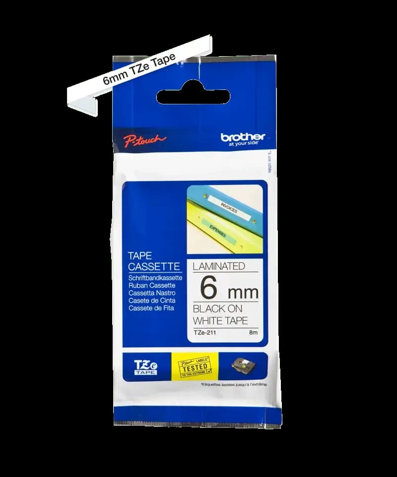 BROTHER P-TOUCH TZE-211 noir sur blanc 6mm