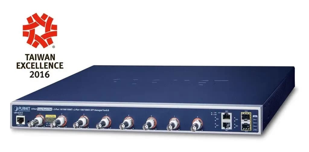 PLANET LRP-822CS POC SWITCH 08-port POE Over COAXIAL Longue distance jusqu'a 1km (240W) + 2-port 10/100/1000T + 2-port 100/1000X SFP a combiner avec module LRP-101CE