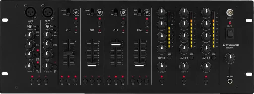 MPX-4PA Table de mixage 3 zones pour applications universelles multi-pieces.4 zones avec possibilite de routage au choix de tous les canaux d'entree2 entrees micro / ligne par prises combo4 entrees ligne stereo par prises RCA