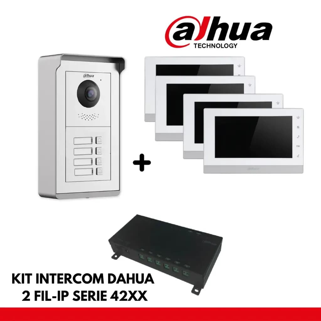 Dahua Appartement Set 4x Boutons Interface IP- 2 Fils - 24VDC + 4x Moniteur 7' Color - Montage en surface