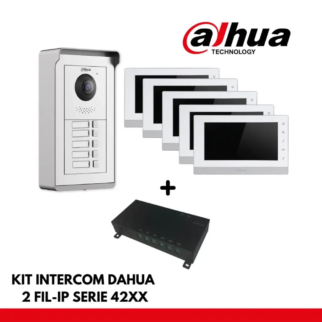 Dahua Appartement Set 4x Boutons Interface IP- 2 Fils - 24VDC + 5x Moniteur 7' Color - Montage en surface