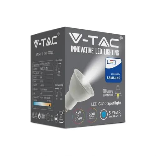 V-TAC Spot LED GU10 6W faisceau étroit 10° 500lm 6400K Lumière du Jour